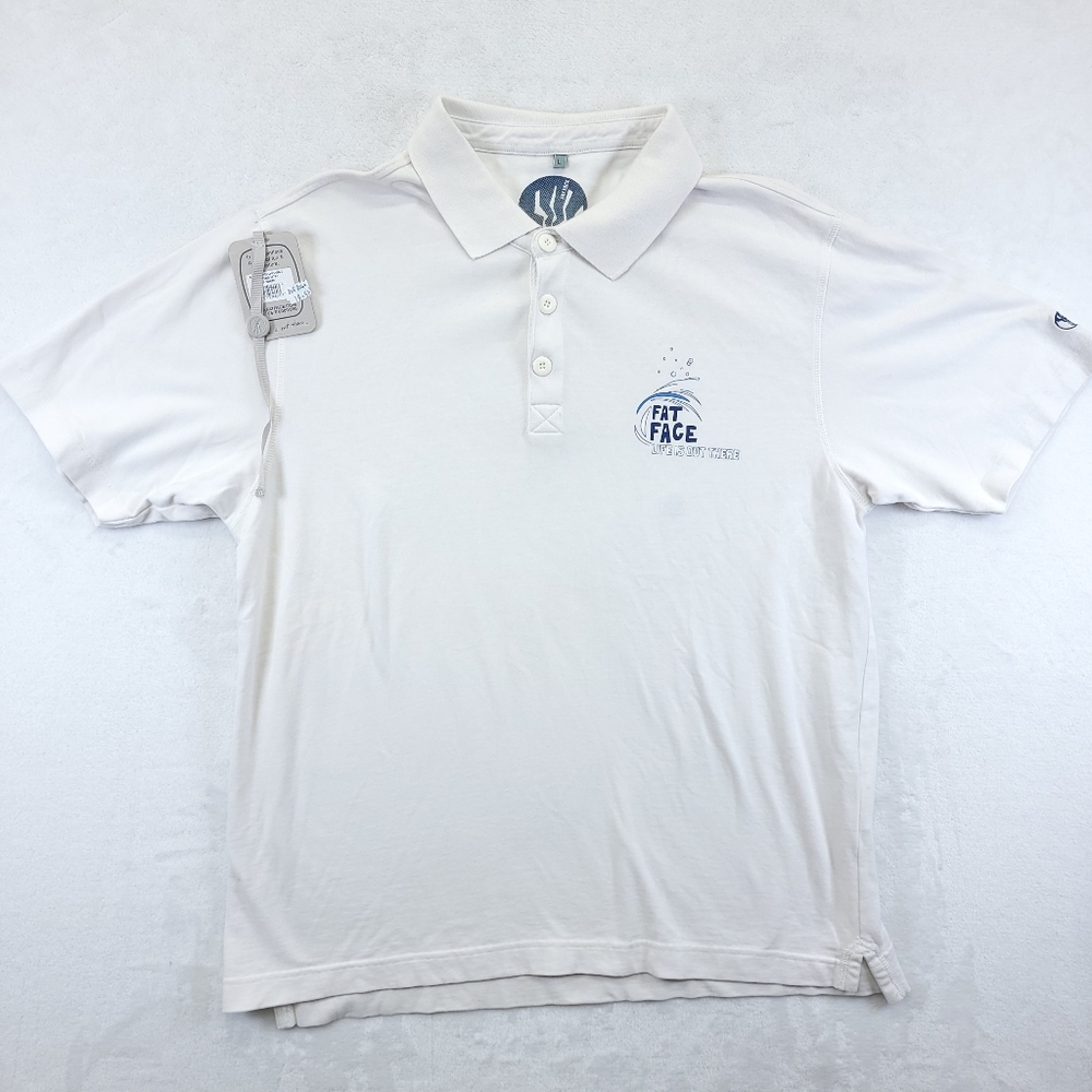 Fat Face Kuwait Life Is Out There Men's Large White Short Sleeve Polo Shirt Nwt